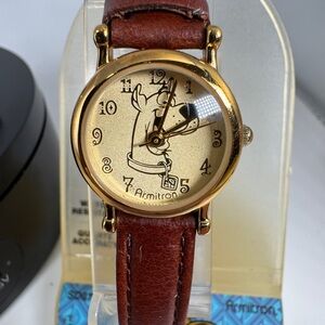 Working Vintage Armitron Scooby Doo Gold Watch with Brown Leather Strap